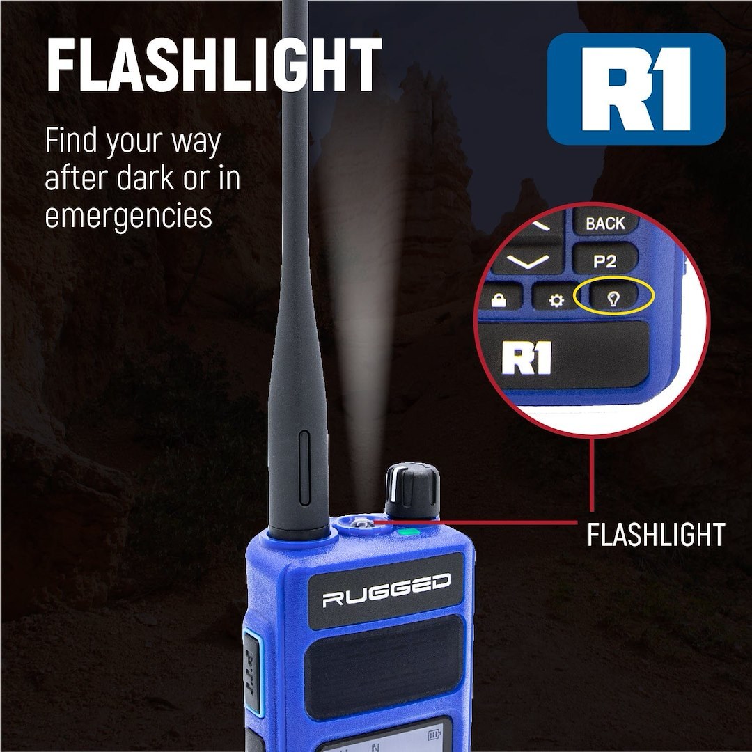 Rugged Radio Ham Radio, Handheld, 136 Mhz to 174 Mhz and 400 Mhz to 480 Mhz Frequency, 1024 Channels and 250 Zone Capacity, 7.4 Volt DC – R1