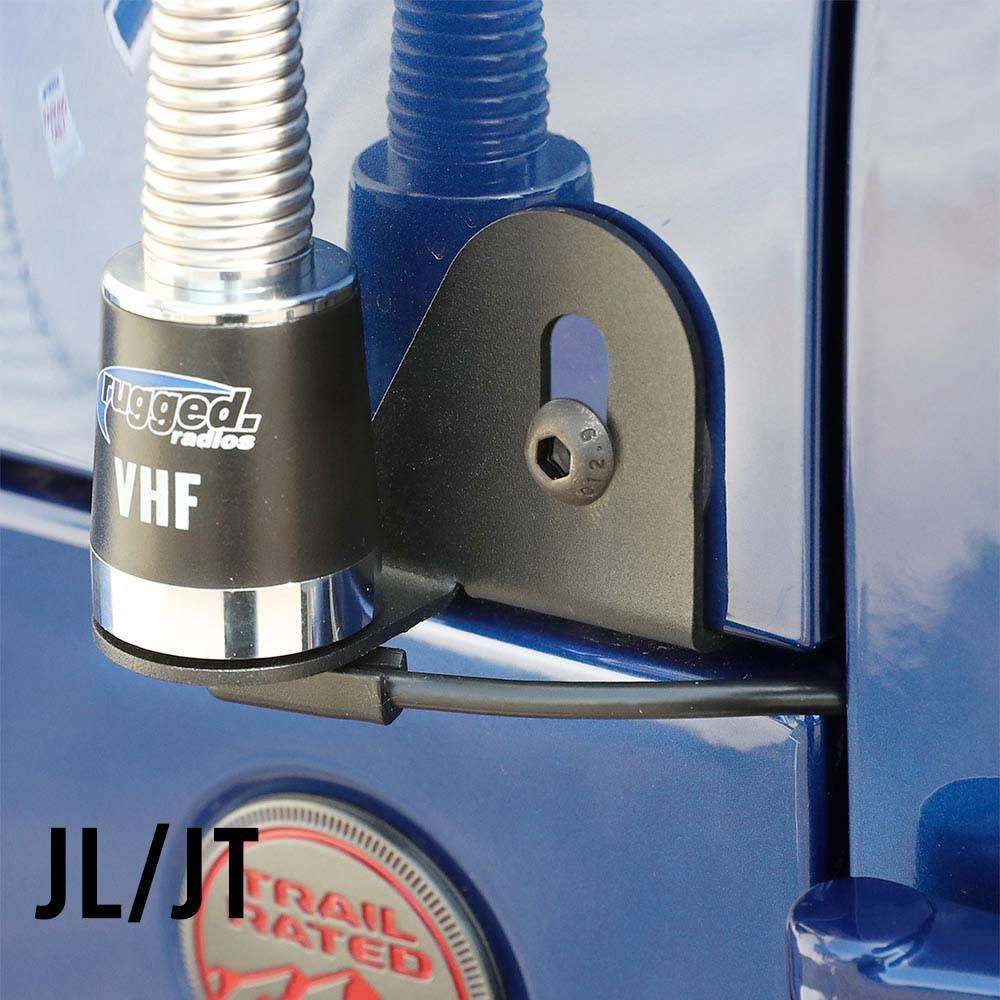 Rugged Radio Antenna Mount, For VHF/ UHF/ Gmrs Antennas, Powder-Coated, Black, Steel, Passenger Side A-Pillar Mount – MT-ANT-JEEP-PS