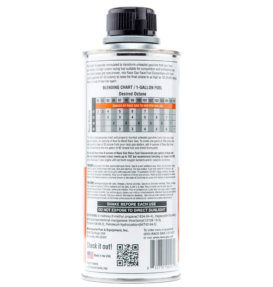 Race Gas Octane Booster, Used to Boost Octane Ranging 100 to 105/ for 87 to 93 Octane Gas, 16 Ounce Bottle, Single – 100016