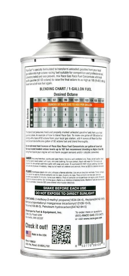 Race Gas Octane Booster, Used to Boost Octane Ranging 100 to 105/ for 87 to 93 Octane Gas, 32 Ounce Bottle, Single – 100032