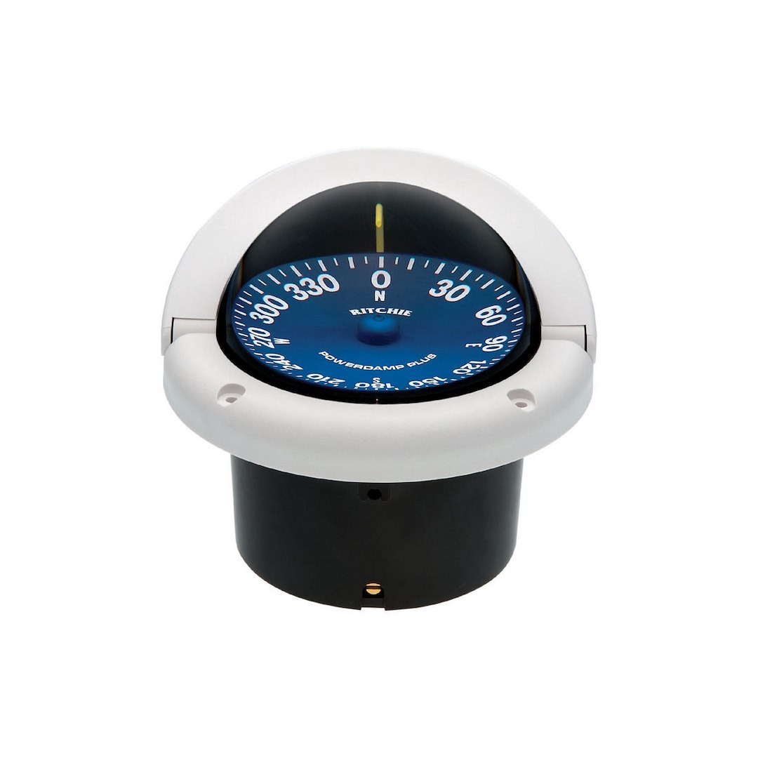Ritchie Navi Compass, Supersport™ Helmsman, White, 12 Volt Green LED, Flush Mount, 3-3/4 Inch Powerdamp Plus Blue Open Face Dial – SS-1002W