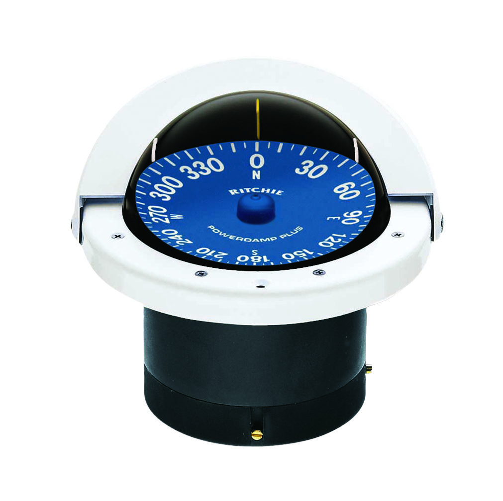 Ritchie Navi Compass, Supersport™ Navigator, White, 12 Volt Green LED, Flush Mount, 4-1/2 Inch Powerdamp Plus Blue Open Face Dial – SS-2000W
