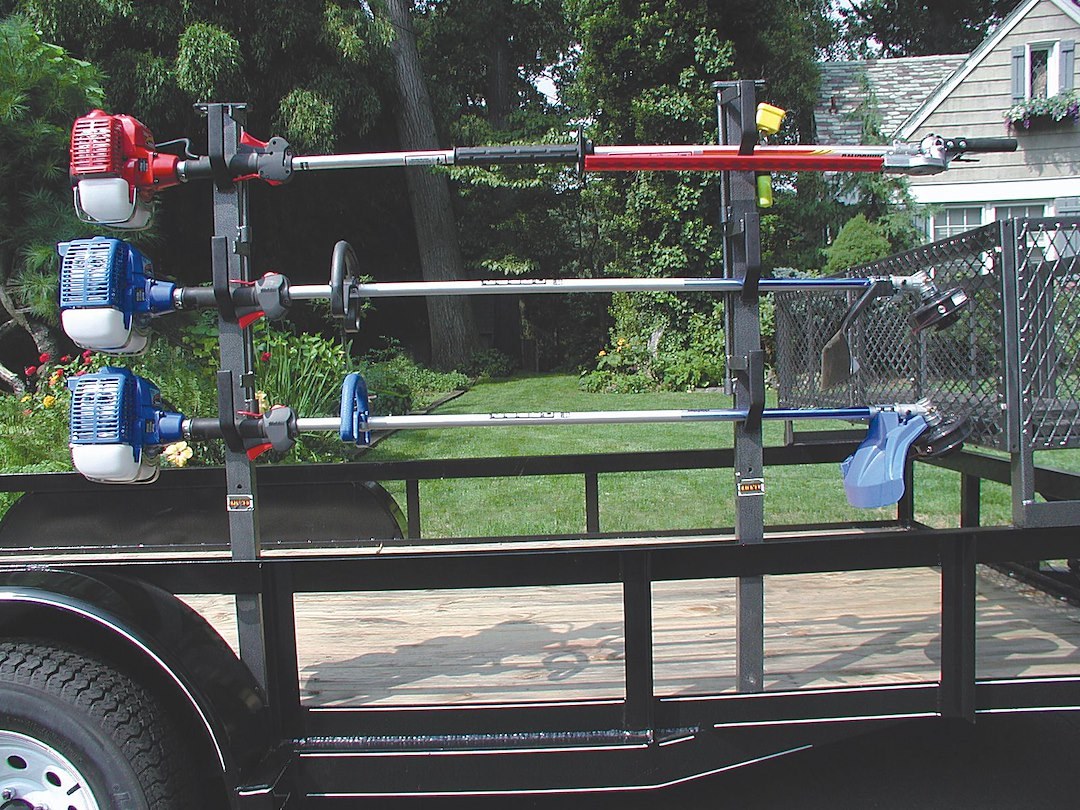 Rack’em Mfg Tool Organizer, Bolt-On Mount to Open Trailer, Holds 3 Landscape Trimmers, Black/ Gray, Steel – RA-6
