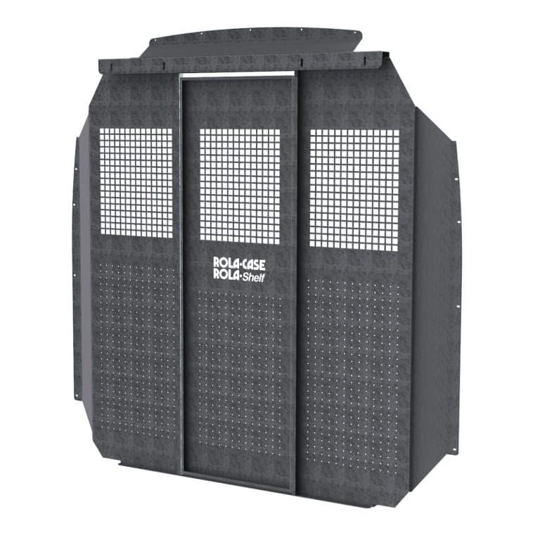 Rolacase Bulkhead Divider, Full Bulkhead, With Standard Door, With Mesh Window, Gray, Galvanized Steel, Powder Coated – RSCGBFT130148MH20
