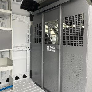 Rolacase Bulkhead Divider, Full Bulkhead, With Standard Door, With Mesh Window, Gray, Galvanized Steel, Powder Coated – RSCGBRPM118136159