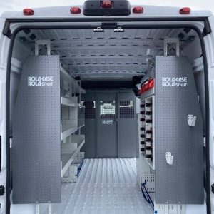 Rolacase Bulkhead Divider, Full Bulkhead, With Standard Door, With Mesh Window, Gray, Galvanized Steel, Powder Coated – RSCGBRPM118136159