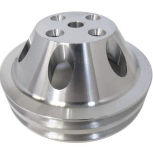 Racing Power Water Pump Pulley, 1965-1985 Small Block Chevy 283-400, Long, Dual Groove, 6.60 Inch Diameter, Satin, Aluminum – R9483