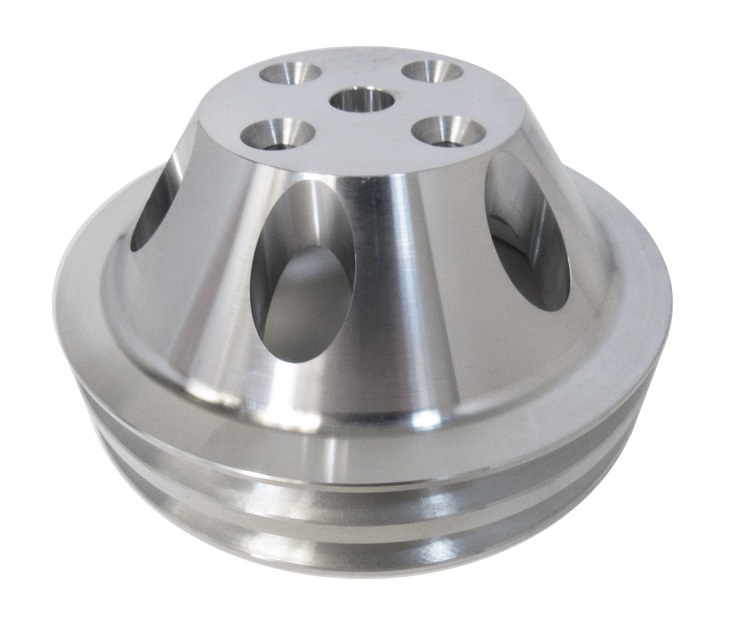 Racing Power Water Pump Pulley, 1965-1985 Small Block Chevy 283-400, Long, Dual Groove, 6.60 Inch Diameter, Satin, Aluminum – R9483