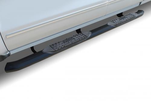 Raptor Series Nerf Bar, With Step Pads, 4 Inch Oval Curved, Black E-Coated, Steel, With Welded End Caps, Rocker Panel Mount – 1501-0615B