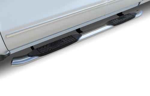 Raptor Series Nerf Bar, With Step Pads, 4 Inch Oval Curved, Polished, Stainless Steel, With Welded End Caps, Rocker Panel Mount – 1501-0722