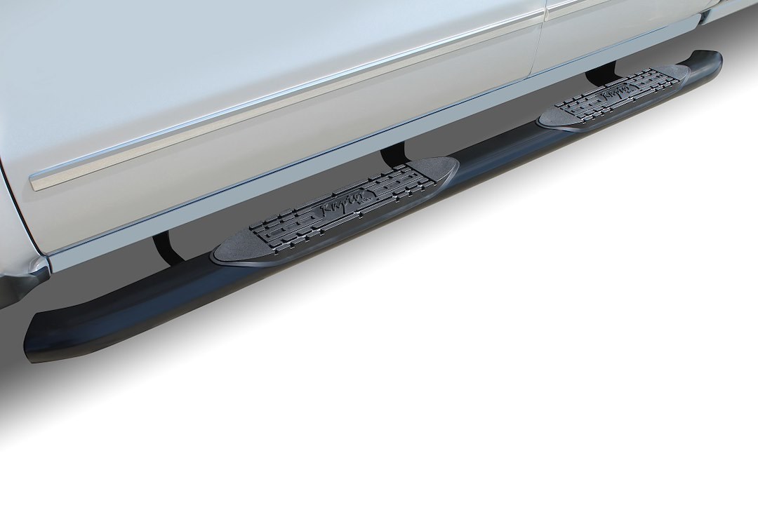 Raptor Series Nerf Bar, With Step Pads, 4 Inch Oval Curved, Black E-Coated, Steel, With Welded End Caps, Cab Mount – 1502-0481B