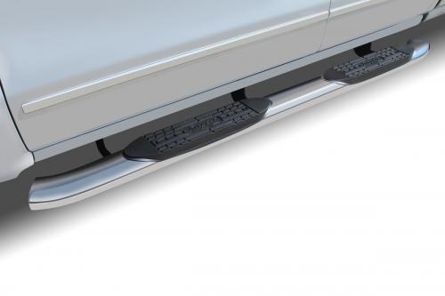 Raptor Series Nerf Bar, With Step Pads, 5 Inch Oval Curved, Polished, Stainless Steel, With Welded End Caps, Rocker Panel Mount – 1602-0493
