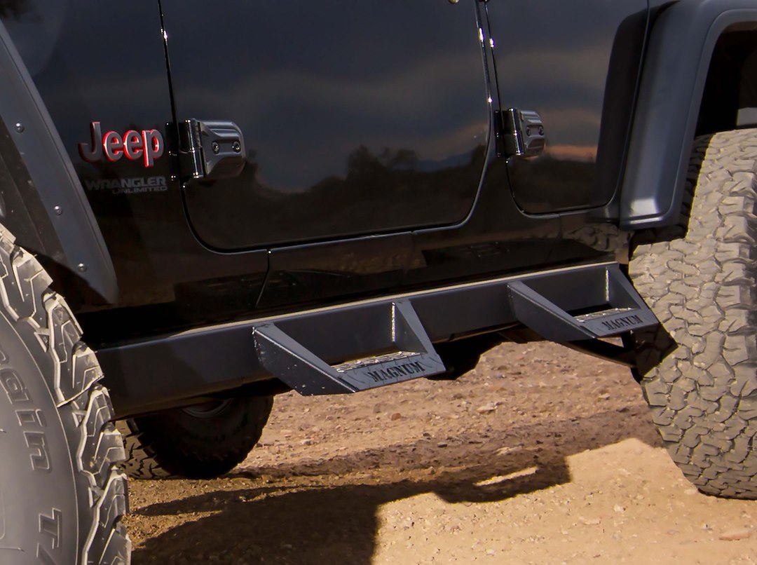 Raptor Series Nerf Bar, Magnum Rt, With Drop Down Steps, Powder Coat, Textured Black, Steel, Rocker Panel Mount – RTS74JP