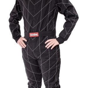 Racequip Racing Apparel, One Piece Suit, Large, Sfi 3.2A/1 Rated, Black, 1 Layer Pyrovatex Frc Construction, Racequip Logo – 130905