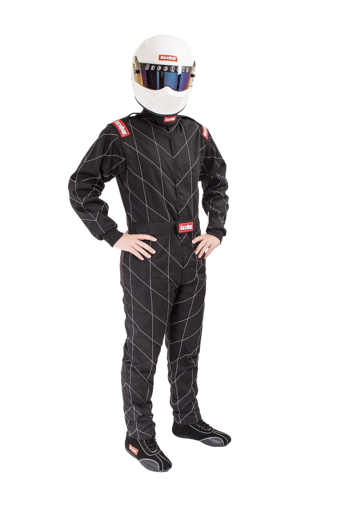 Racequip Racing Apparel, One Piece Suit, Large, Sfi 3.2A/1 Rated, Black, 1 Layer Pyrovatex Frc Construction, Racequip Logo – 130905