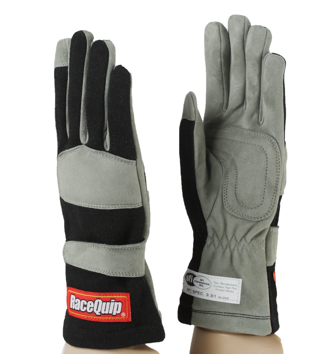 Racequip Racing Apparel, 351 Series, Racing Gloves, Medium, Single Layer Nomex Knit/ Suede Leather Palm, Black/ Gray, Sfi 3.3/1 Rated – 351003