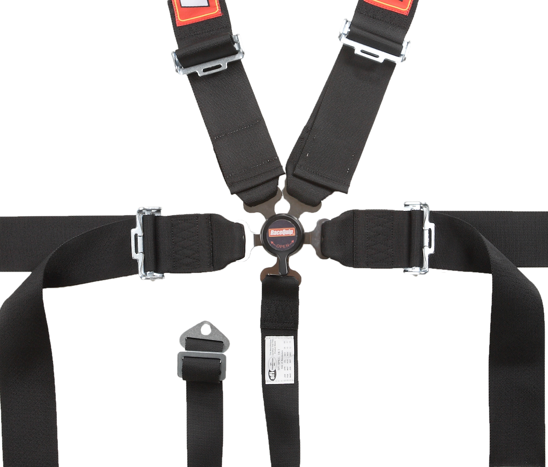 Racequip Seat Belt, Sportsman, 16.1 Sfi Rated, Not DOT Street Approved, 5 Point, 3 Inch Width, Camlock, Black, Single, Polyester Webbing – 741001