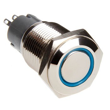 Race Sport Lighting Push Button Switch, 16 Millimeter Momentary on/ Off Switch, 15 Amp, Flush Mount, Chrome, Blue LED Ring – RS-2P16MM-LEDB