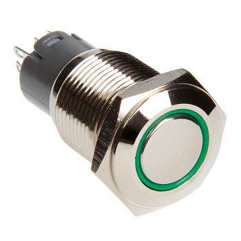Race Sport Lighting Push Button Switch, 16 Millimeter Momentary on/ Off Switch, 15 Amp, Flush Mount, Chrome, Green LED Ring – RS-2P16MM-LEDG