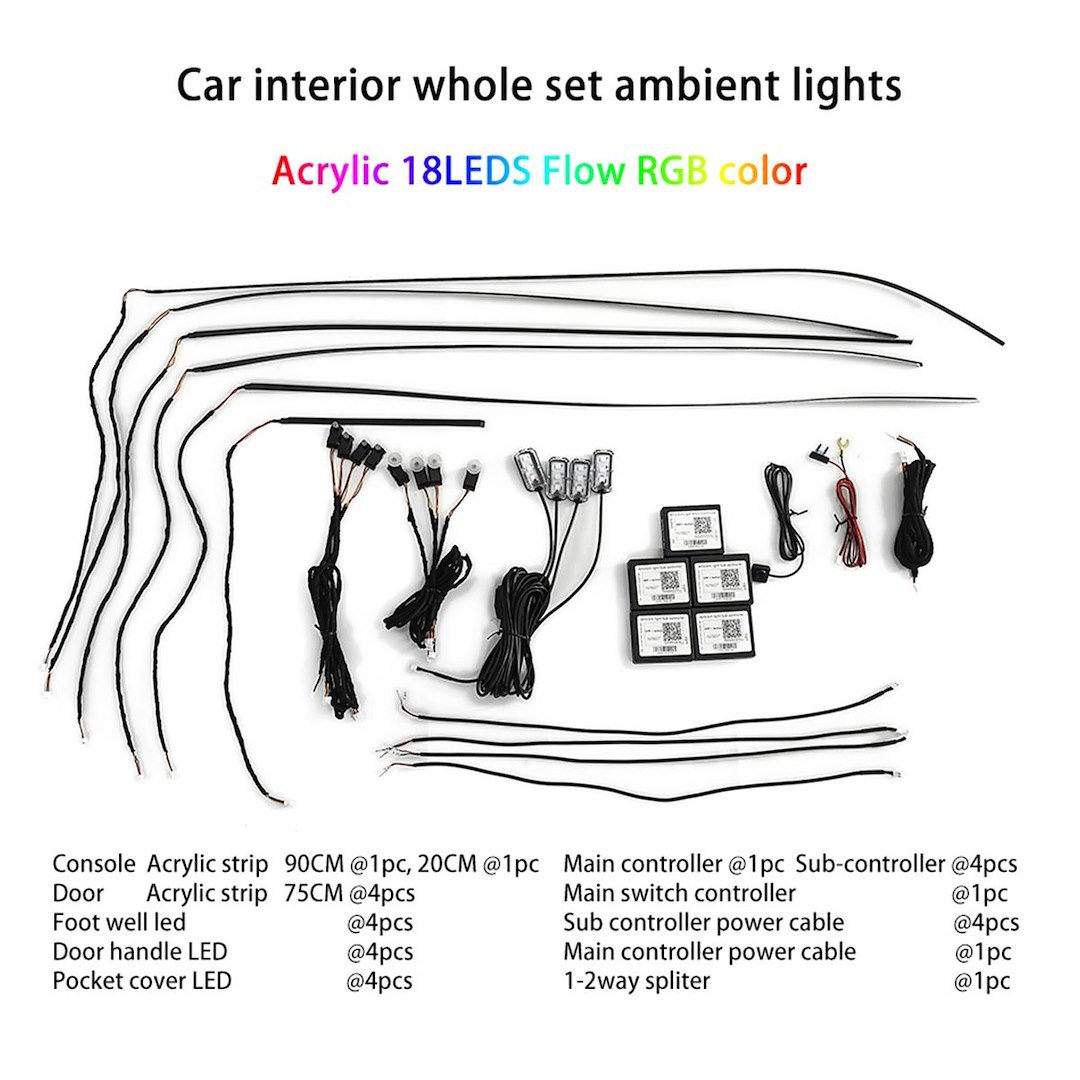 Race Sport Lighting Interior Light, Ultra-Flow Series, 18 LED 4-DOOR Vehicle Complete Kit, Red/ Green/ Blue/ White, 10 Watt – AKIT18