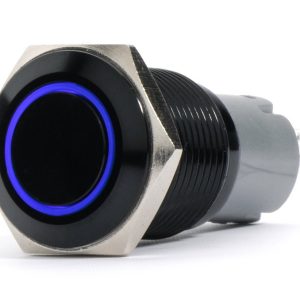 Race Sport Lighting Push Button Switch, 19 Millimeter Momentary on/ Off Switch, 6 Amp, Flush Mount, Black, Blue LED Ring, 12 Volt DC – RS-B19MM-LEDB