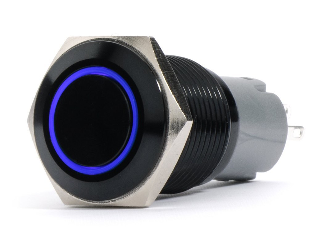 Race Sport Lighting Push Button Switch, 19 Millimeter Momentary on/ Off Switch, 6 Amp, Flush Mount, Black, Blue LED Ring, 12 Volt DC – RS-B19MM-LEDB