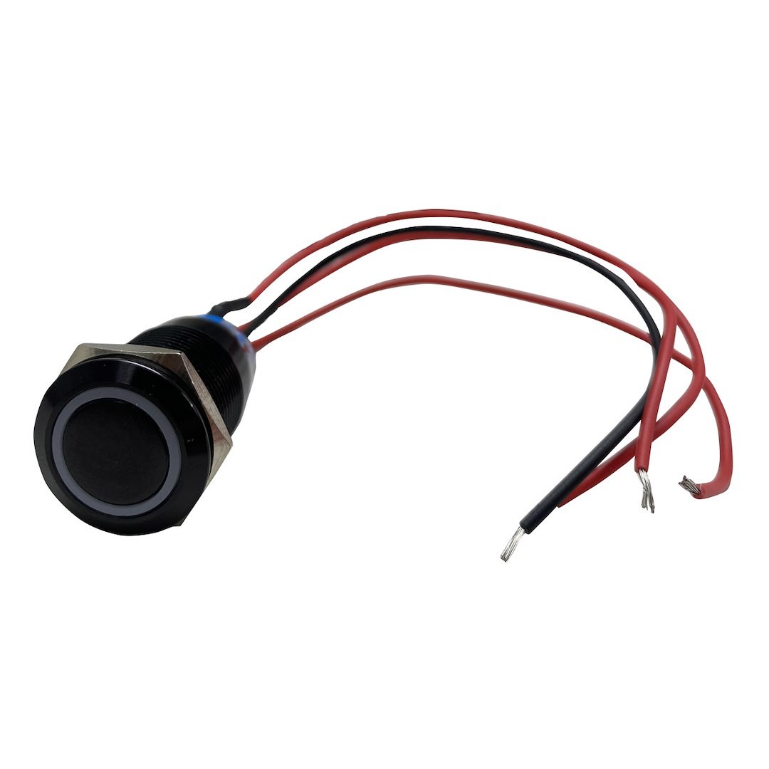 Race Sport Lighting Push Button Switch, 19 Millimeter Momentary on/ Off Switch, 6 Amp, Flush Mount, Black, Blue LED Ring, 12 Volt DC – RS-B19MM-LEDB