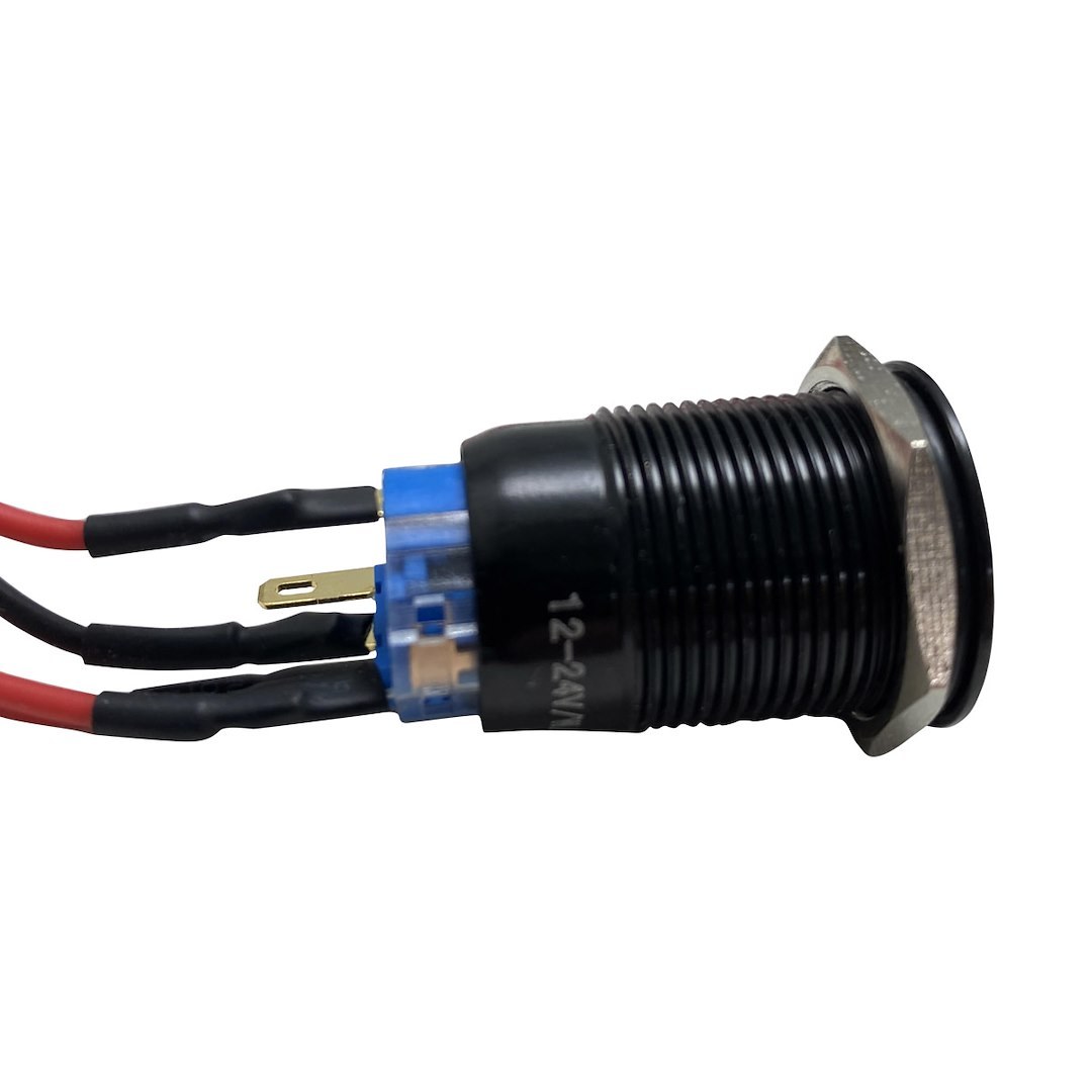 Race Sport Lighting Push Button Switch, 19 Millimeter Momentary on/ Off Switch, 6 Amp, Flush Mount, Black, Blue LED Ring, 12 Volt DC – RS-B19MM-LEDB