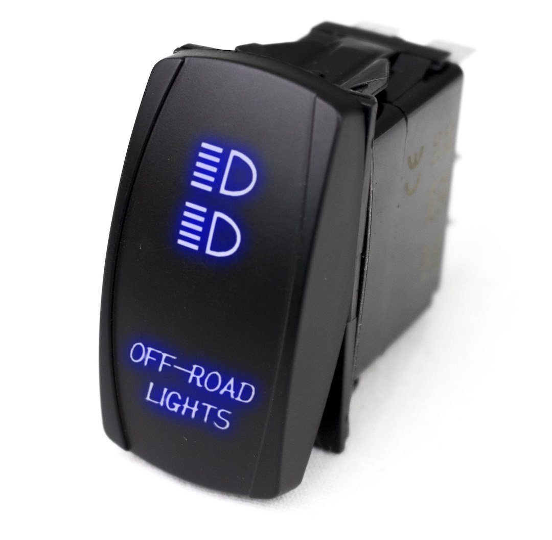 Race Sport Lighting Multi Purpose Switch, Off-Road Logo, 12 Volt DC, 20 Amp, Rocker Switch, Blue LED Radiance, Black – RSLJ11B