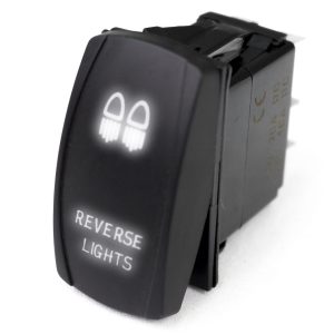 Race Sport Lighting Multi Purpose Switch, Reverse Light Logo, 12 Volt DC, 20 Amp, Rocker Switch, White LED Radiance, Black – RSLJ13W