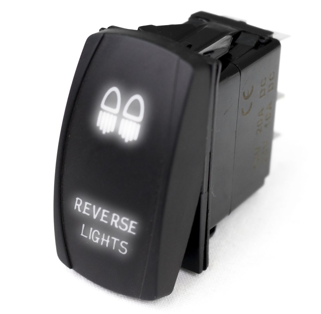 Race Sport Lighting Multi Purpose Switch, Reverse Light Logo, 12 Volt DC, 20 Amp, Rocker Switch, White LED Radiance, Black – RSLJ13W