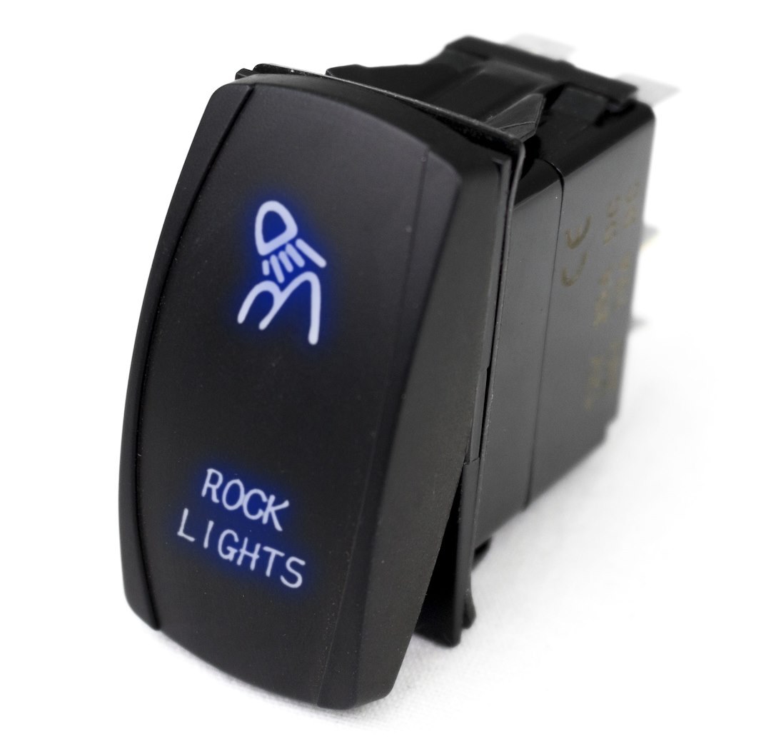 Race Sport Lighting Multi Purpose Switch, Rock Light Logo, 12 Volt DC, 20 Amp, Rocker Switch, Blue LED Radiance, Black – RSLJ14B