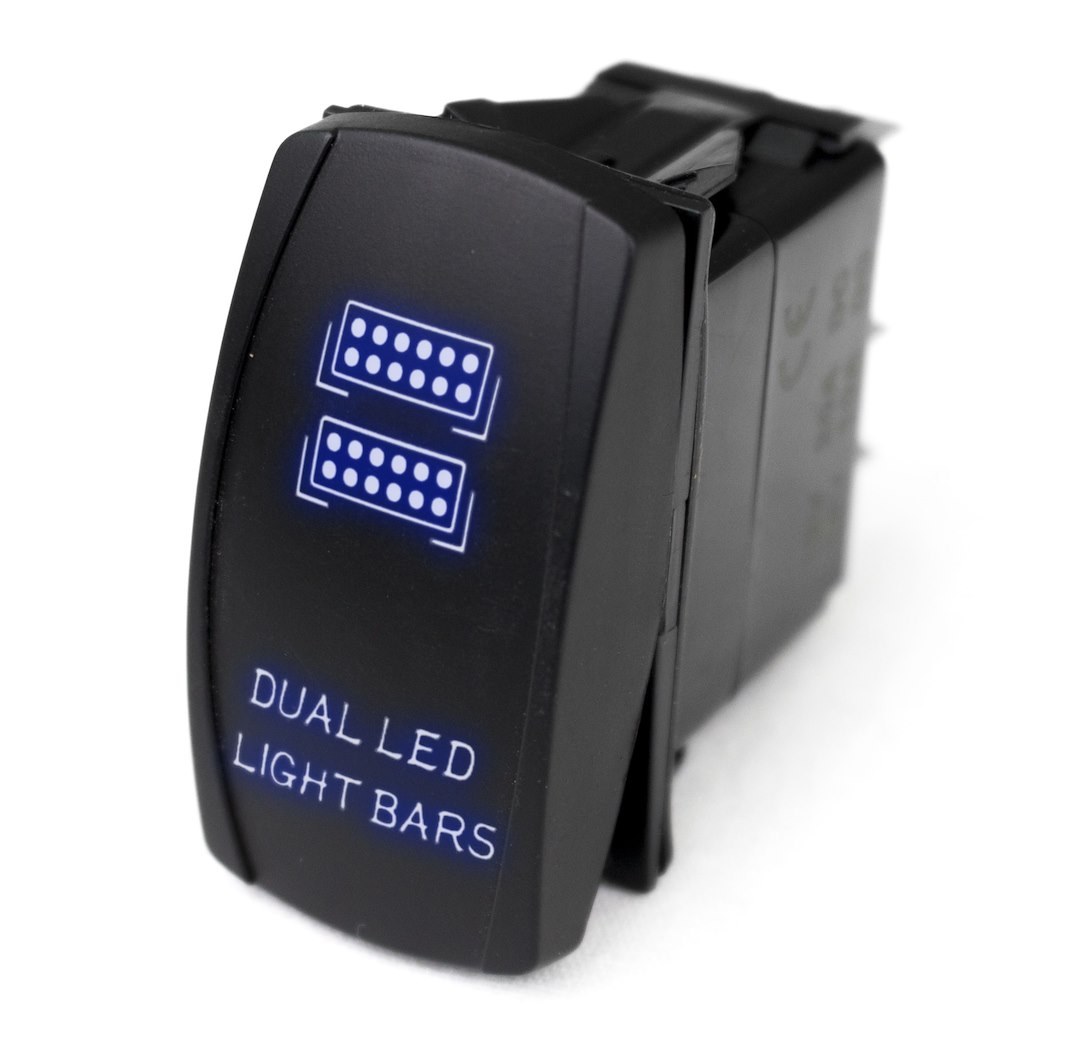 Race Sport Lighting Multi Purpose Switch, Dual Light Bar Logo, 12 Volt DC, 20 Amp, Rocker Switch, Blue LED Radiance, Black – RSLJ35B
