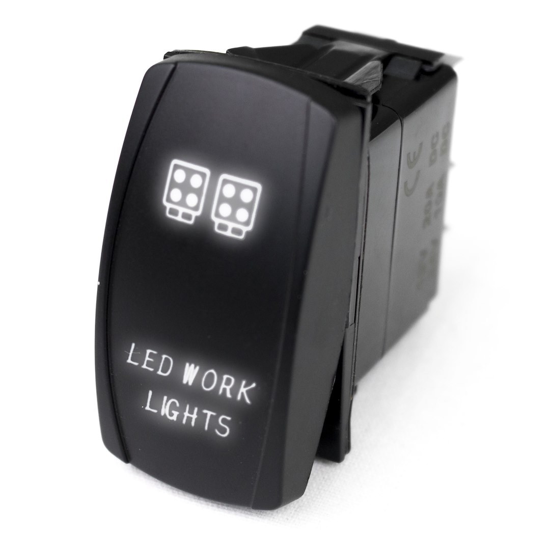 Race Sport Lighting Multi Purpose Switch, Work Light Logo, 12 Volt DC, 20 Amp, Rocker Switch, White LED Radiance, Black – RSLJ36W