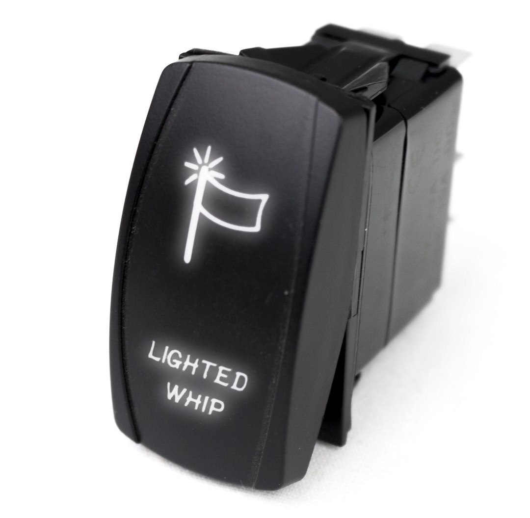 Race Sport Lighting Multi Purpose Switch, Lighted Whip Logo, 12 Volt DC, 20 Amp, Rocker Switch, White LED Radiance, Black – RSLJ61W