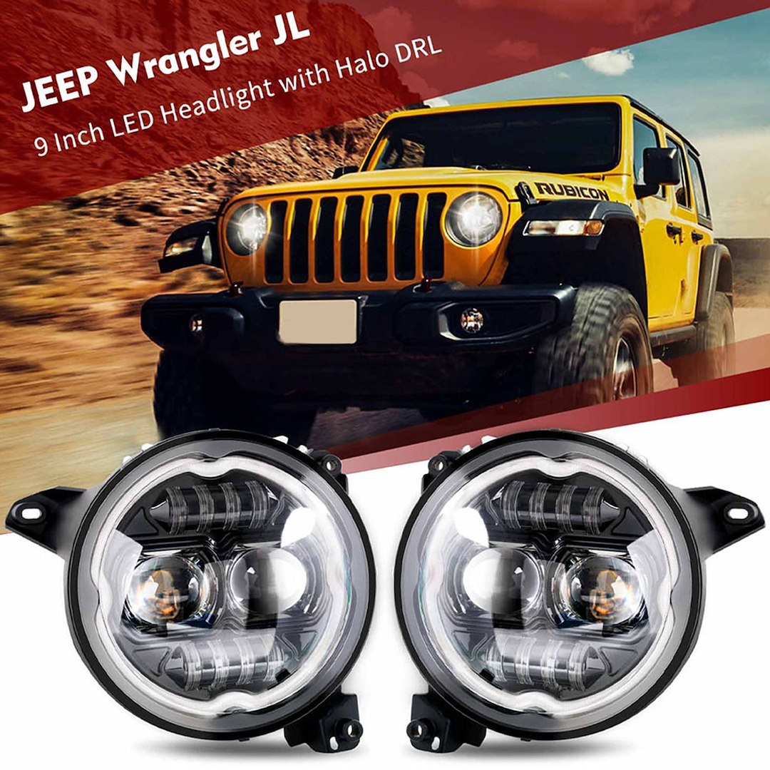 Race Sport Lighting Headlight Assembly, Projector LED Bulb, Linear Beam, 9 Inch Round Cree Bulb with Halo DRL, Red/ Green/ Blue/ White – RS9RGBW
