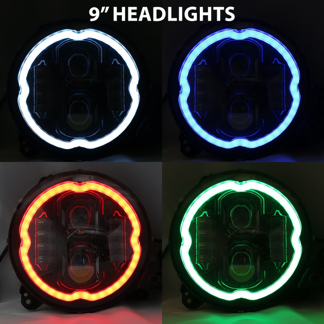 Race Sport Lighting Headlight Assembly, Projector LED Bulb, Linear Beam, 9 Inch Round Cree Bulb with Halo DRL, Red/ Green/ Blue/ White – RS9RGBW