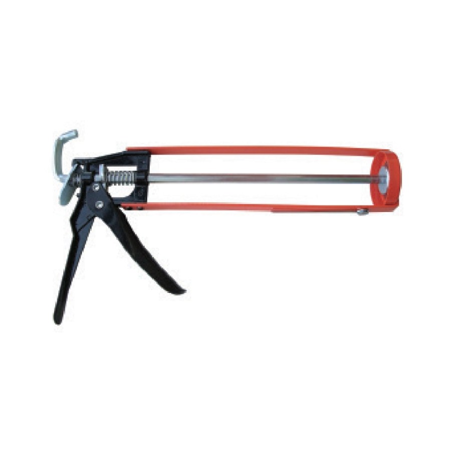 Redtree Ind Caulk Gun, Skeleton Type, 10 Ounce Capacity, 9 Inch Length, Hex Rod, Black/ Red, Steel, Spring Release Plunger – 50131