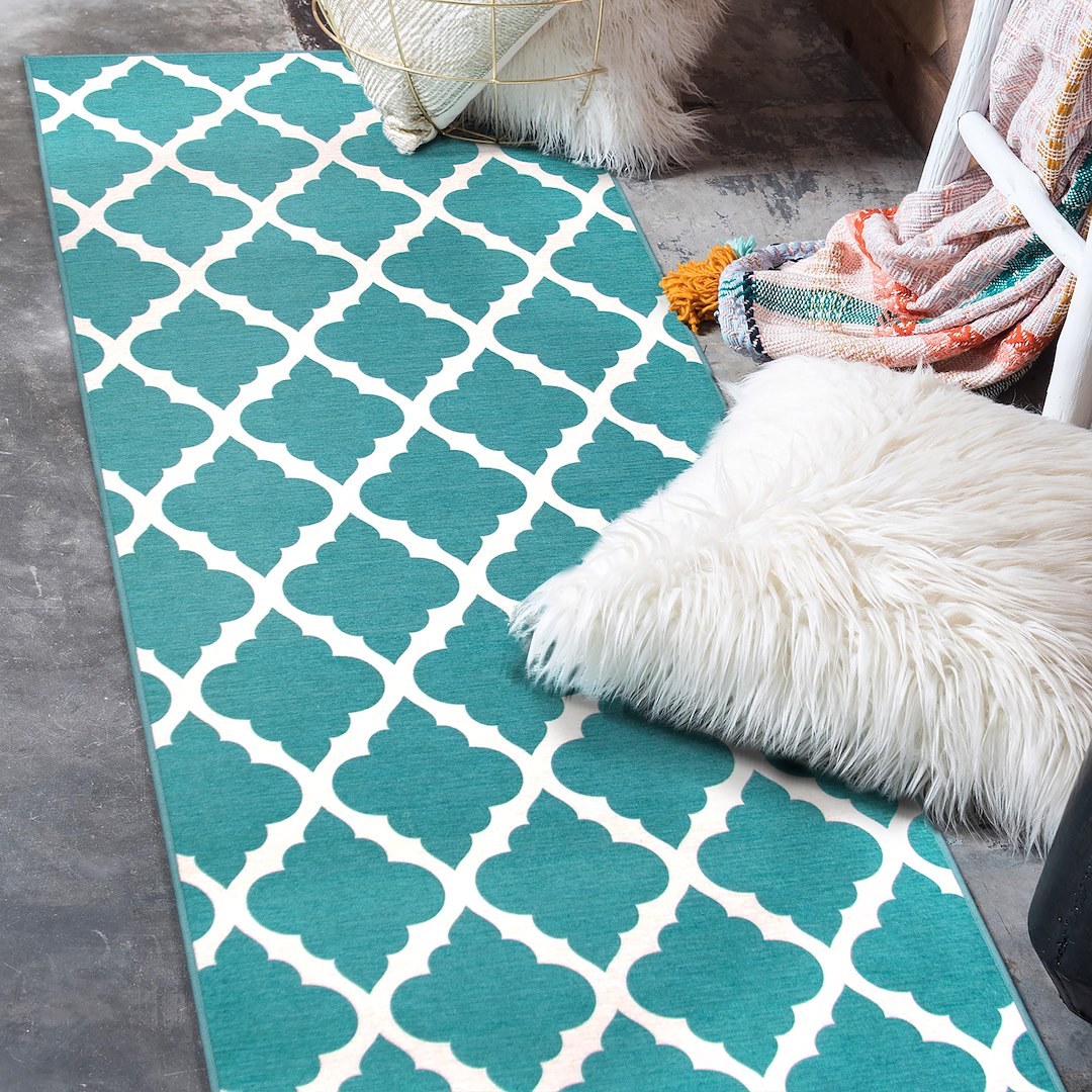 Crystal Art Carpet, 2-1/2 Foot X 5 Foot, Teal, Polypropylene Backing, Stain Resistant, Machine Washable, Waterproof – 361469WEB