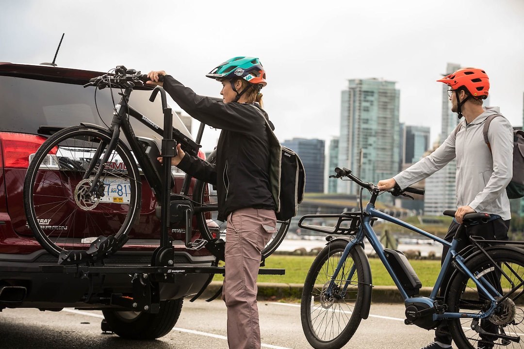 Swagman Bike Rack, E-Spec, 2 Inch Receiver Hitch Mount, Holds 2 Bikes, 80LBS Per Bike Weight Capacity, Bike Wheels Strapped to Wheel Trays – 66689