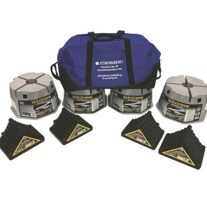 Stromber Trailer Leveling Kit, With Two Wheel Chocks/ One Base Pad Peak/ Two Base Pad Levelers/ Anti-Slip-Mat/ Four Base Pads/ Storage Bag – JBP-TTKIT