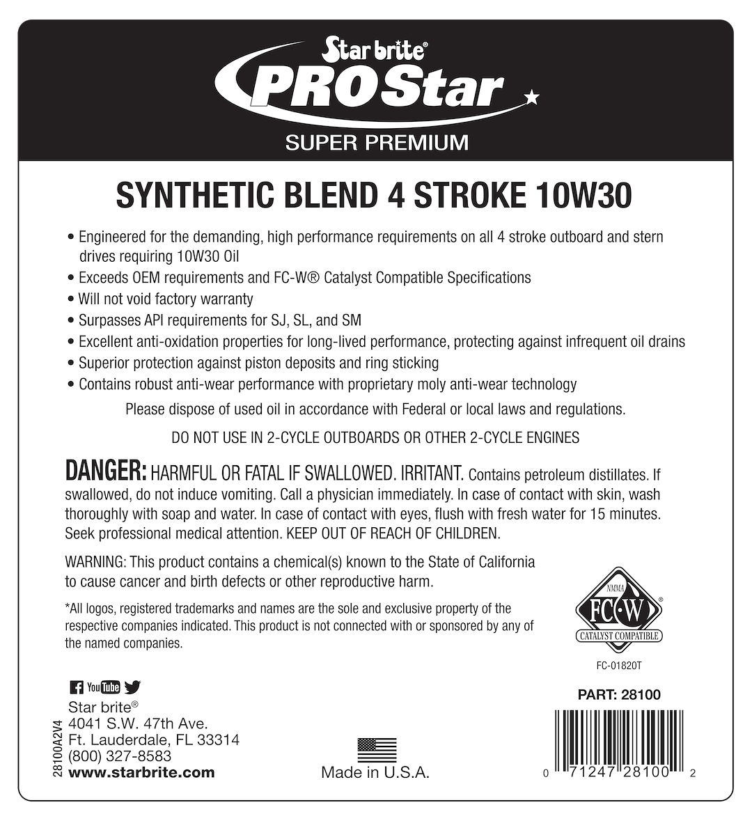 Star brite Oil, Pro Star, SAE 10W-30, Synthetic Blend, 32 Ounce Bottle, Single, With Us Label – 028132