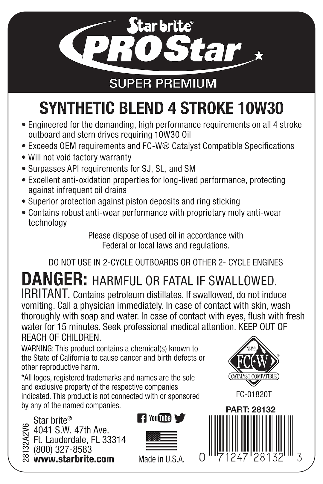 Star brite Oil, Pro Star, SAE 10W-30, Synthetic Blend, 32 Ounce Bottle, Single, With Us Label – 028132