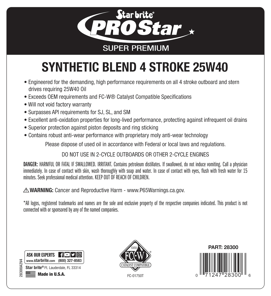 Star brite Oil, Pro Star, SAE 25W-40, Synthetic Blend, 32 Ounce Bottle, Single, With Us Label – 028332