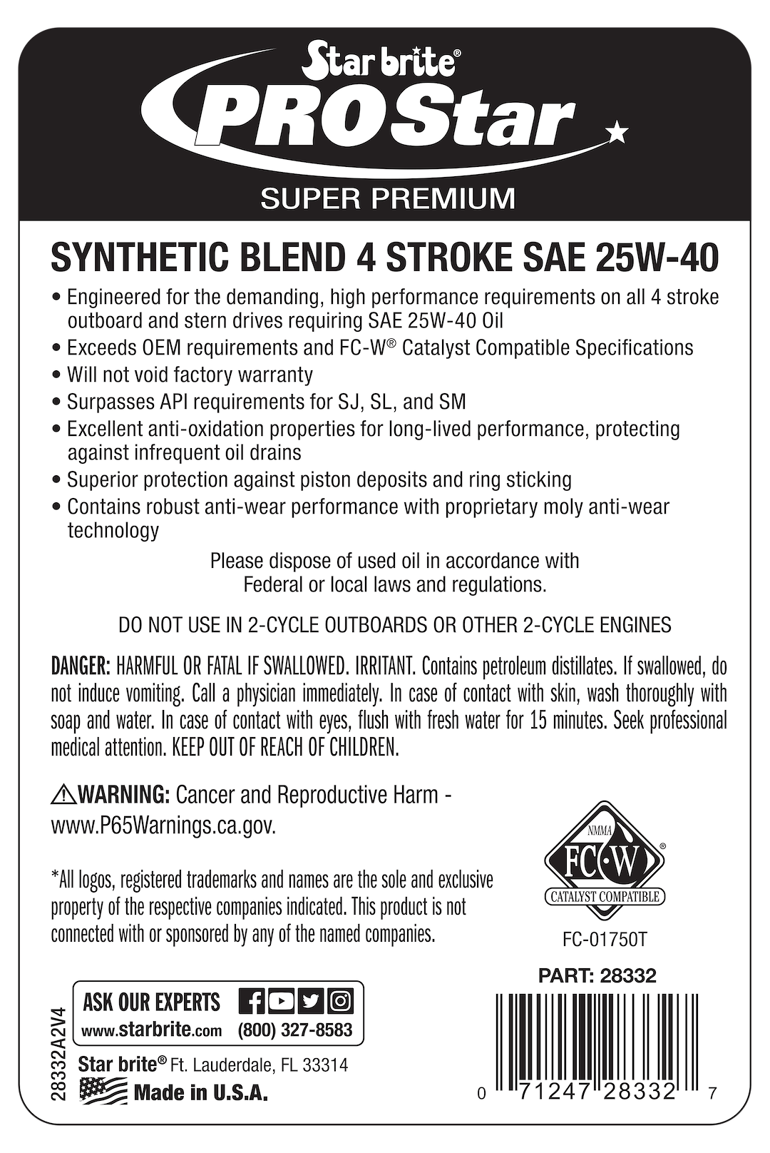 Star brite Oil, Pro Star, SAE 25W-40, Synthetic Blend, 32 Ounce Bottle, Single, With Us Label – 028332