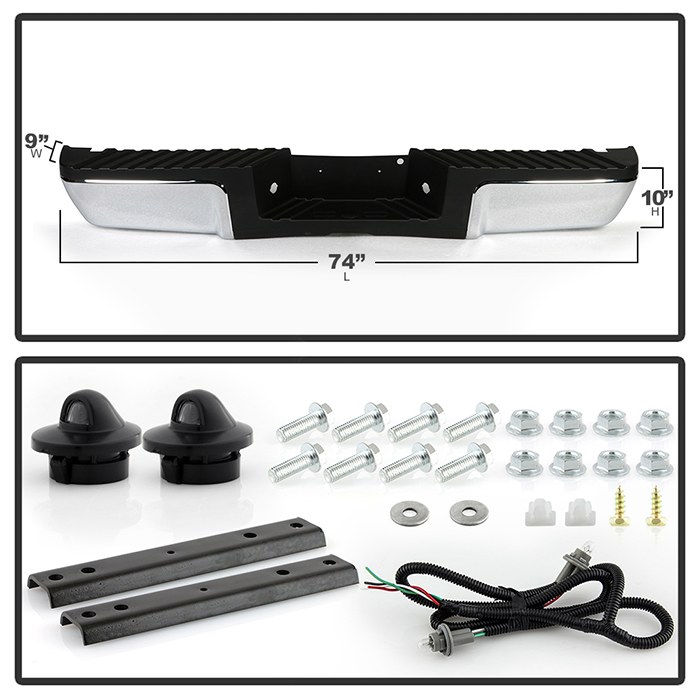 Spyder Auto Bumper, One Piece Design, Mounting Hardware Included, Chrome, Steel, With Black Pad/ License Lamp, Without Parking Sensor – 9948398