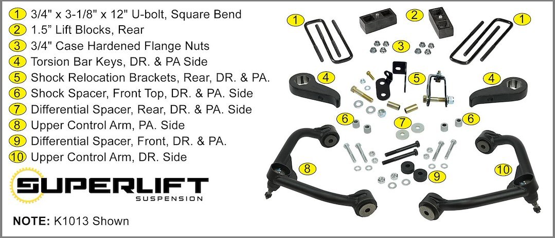 Superlift Lift Kit Suspension, 3 Inch Front Lift, 1-1/2 Inch Rear Lift, Without Shock Absorbers IN Kit – Shock Change Not Necessary – K1013