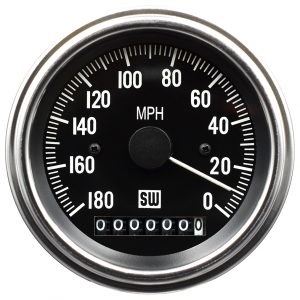 Stewart Warn Speedometer, Deluxe, 3-3/8 Inch, Electrical, 0-180 MPH, Black Face/ Polished Bezel – 82962