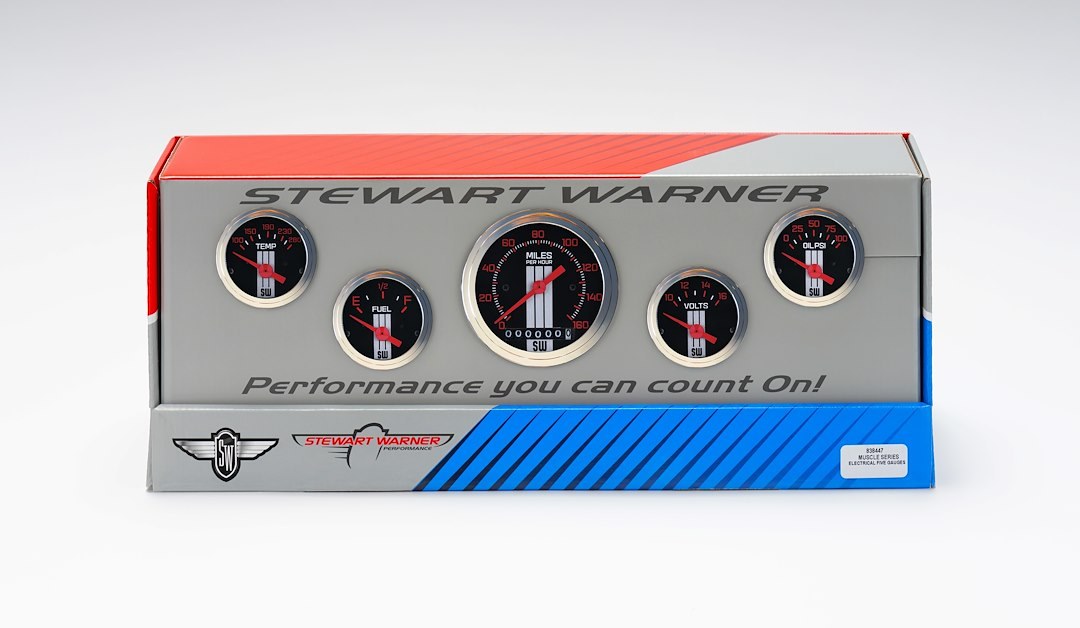 Stewart Warn Gauge Fuel Level/ Oil Pressure/ Speedometer/ Voltmeter/ Water Temperature, Gauge Kit, Muscle Series, Black Face, Red Pointer – 838447