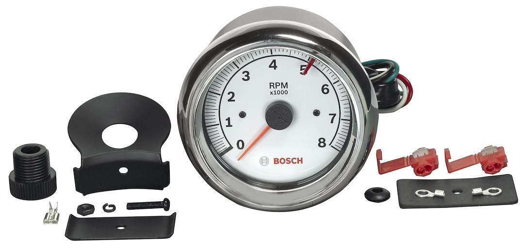 Sunelect/Spx Tachometer, Super Tach II ®, 3-3/8 Inch, Electrical, Analog Display, 0 to 8000 RPM, White Face/ Chrome Bezel/ Red Needle – SP0F000020